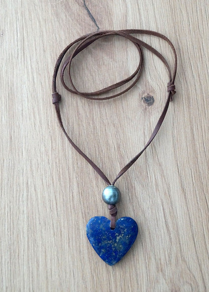 Tahitian pearl necklace and lapis lazuli heart pendant - Billie