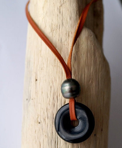 Collier pendentif pierre obsidienne et perle de Tahiti - Teddy