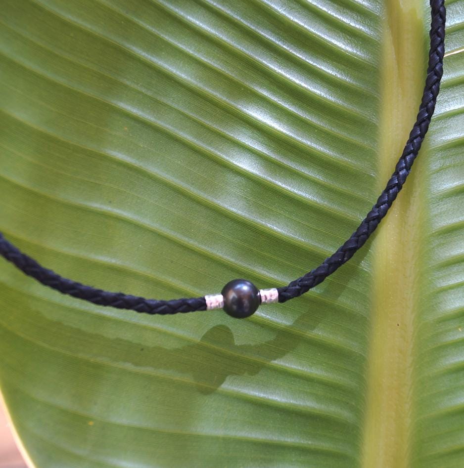 Collier Perle de Tahiti, cuir tressé, fermoir acier inoxydable magnétique - Tupai