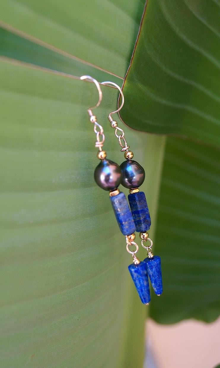 Boucles d'oreilles lapis lazuli et perles de Tahiti - Isia