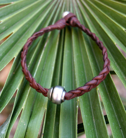 Bracelet cuir large tressé et perle de Tahiti - Rajam