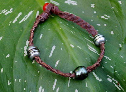 Bracelet with 3 Tahitian Pearls - Braided Leather - Lucio