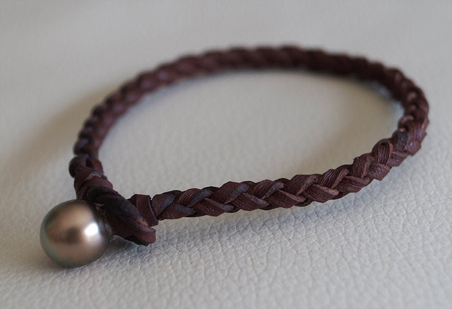 Bracelet avec Perle de Tahiti - cuir tressé rond australien - lasso Marius