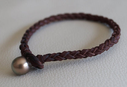 Bracelet avec Perle de Tahiti - cuir tressé rond australien - lasso Marius
