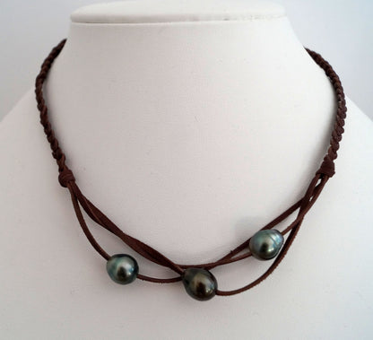Collier tressé et ses trois perles de Tahiti - Luce