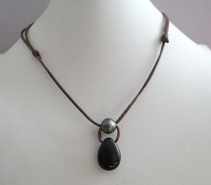 Pendentif obsidienne perle de Tahiti, collier homme, ajustable - Grio