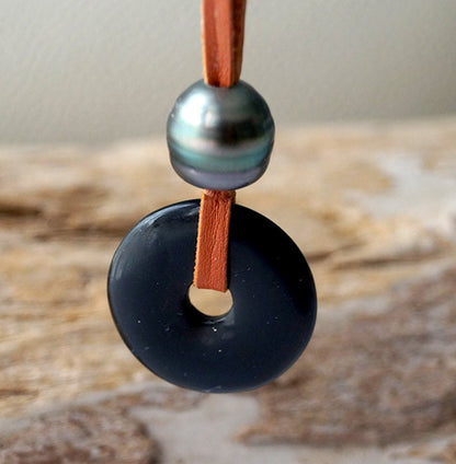 Collier pendentif pierre obsidienne et perle de Tahiti - Teddy