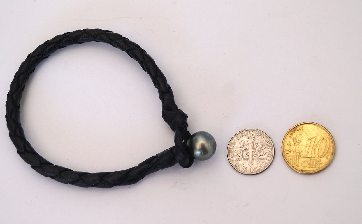 Bracelet avec Perle de Tahiti - cuir tressé rond australien - lasso Marius
