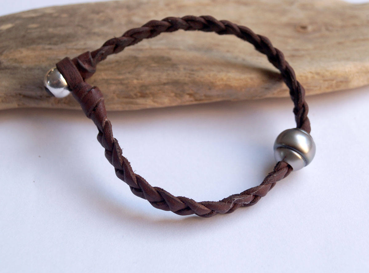 Bracelet cuir large tressé et perle de Tahiti - Rajam