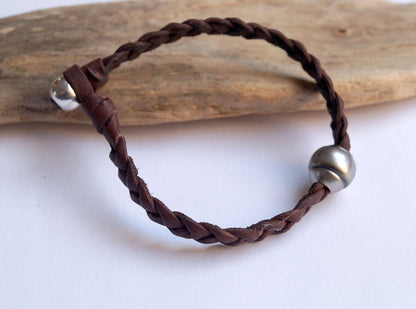 Bracelet cuir large tressé et perle de Tahiti - Rajam