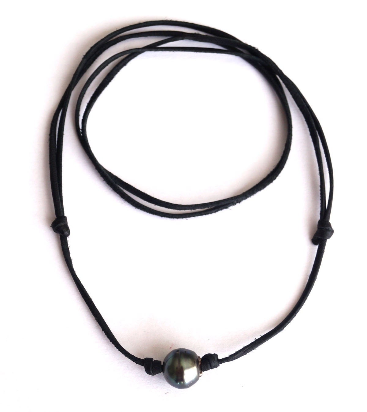 Collier ajustable cuir noir et perle de Tahiti - Ugo