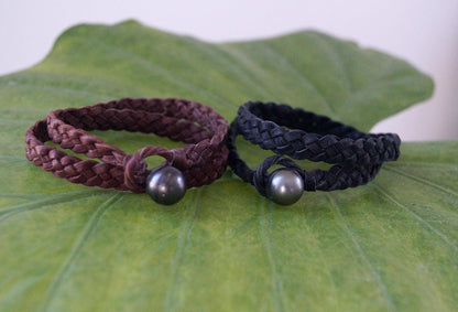 Tahitian Pearl Bracelet - double braided leather - lasso - Althea