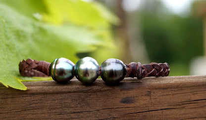 Bracelet 3 Perles de Tahiti et cuir tressé Lior