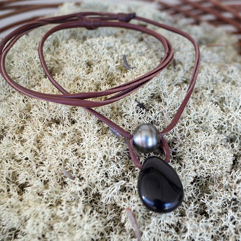 Pendentif obsidienne perle de Tahiti, collier homme, ajustable - Grio