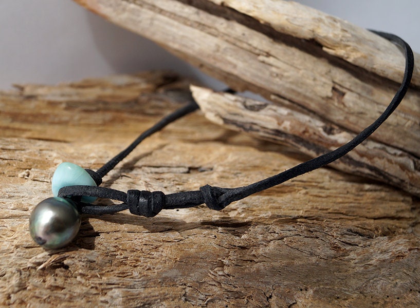 Bracelet de cheville perle de Tahiti et larimar - Kira