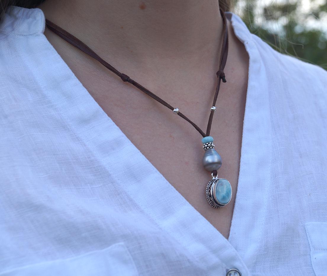Collier Perle de Tahiti et pendentif Larimar et argent 925, cuir collier coulissant - Nola