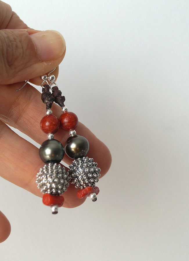 Boucles d'oreilles avec Perles de Tahiti,  perles de corail argent 925 - Dalia