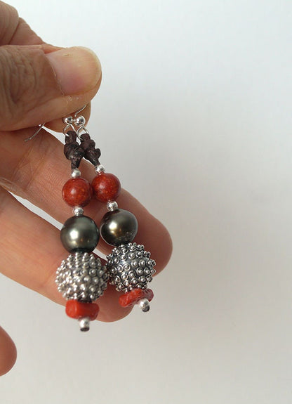 Boucles d'oreilles avec Perles de Tahiti,  perles de corail argent 925 - Dalia