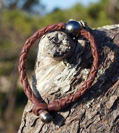 Tahitian Pearl Bracelet - Round Braided Leather - Nate