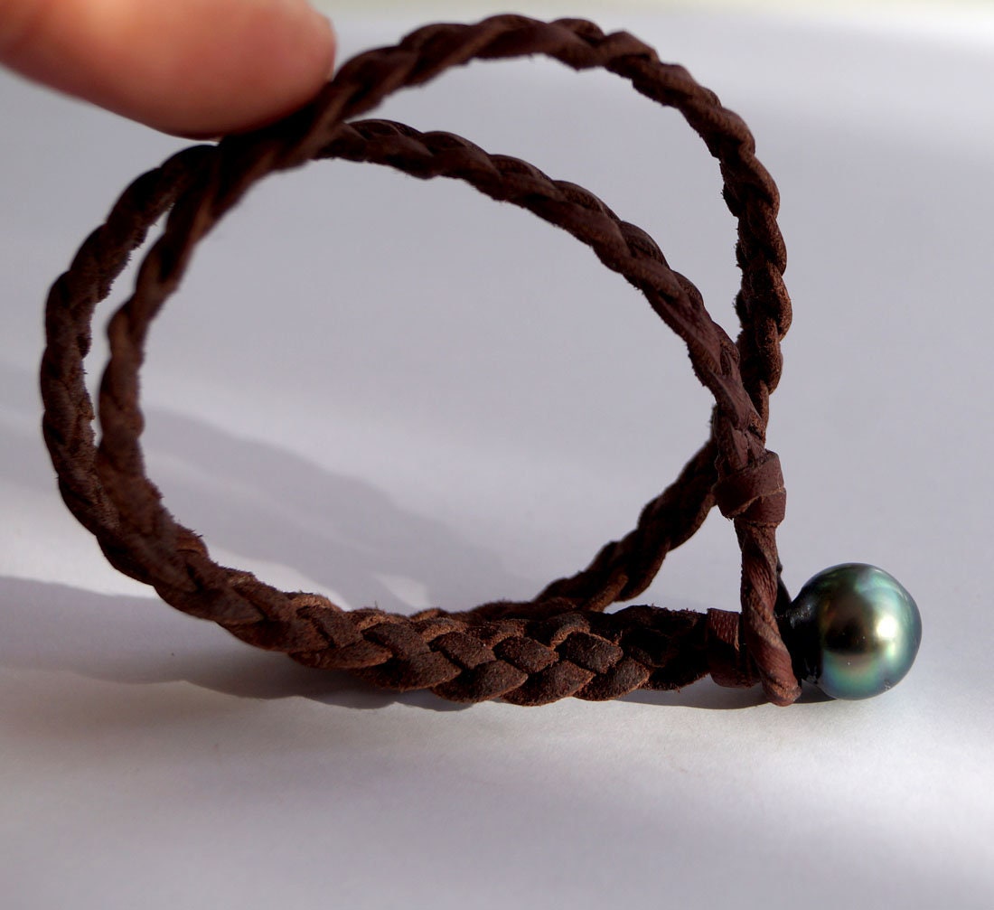 Tahitian Pearl Bracelet - double braided leather - lasso - Althea