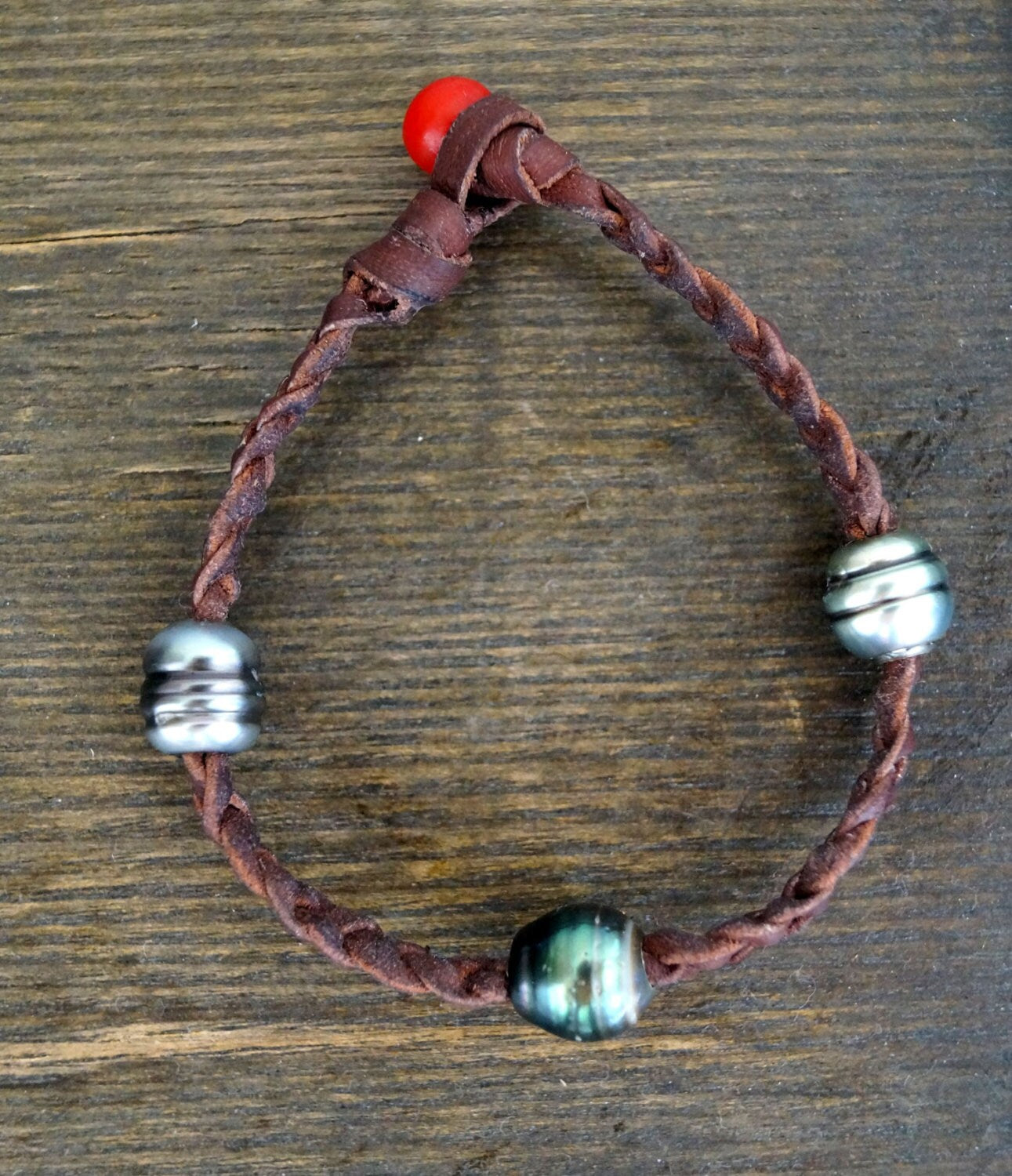 Bracelet with 3 Tahitian Pearls - Braided Leather - Lucio