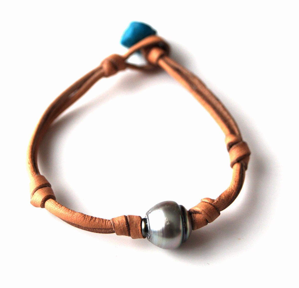 Bracelet perle de Tahiti cuir naturel fermoir turquoise - Tove