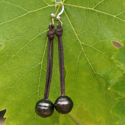 Tahitian Pearl Earrings - Leather - Lily