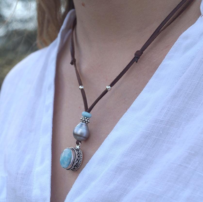pendentif larimar argent et perle Tahiti