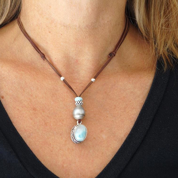 pendentif larimar et perle de Tahiti