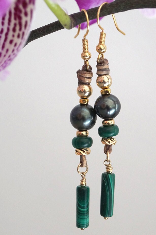Boucles d'oreilles en Perles de Tahiti, perles malachite, plaqué or 18k - Lumea