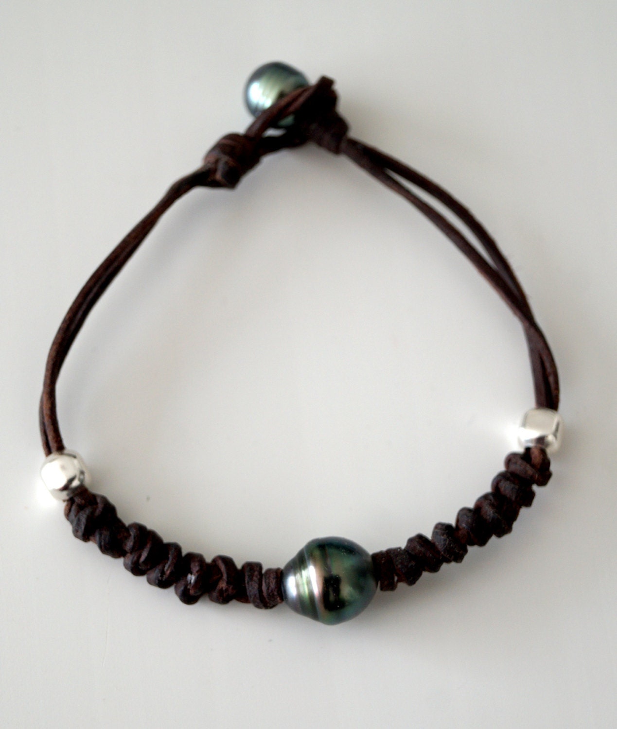 Bracelet cuir noué avec perle de Tahiti et argent 925 - Henry