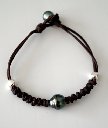 Bracelet cuir noué avec perle de Tahiti et argent 925 - Henry
