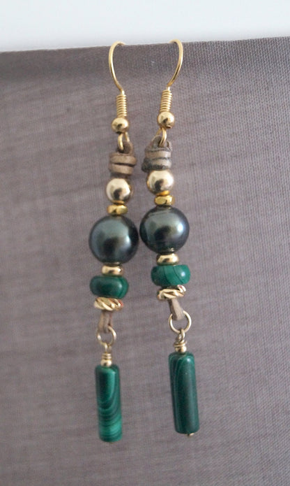 Boucles d'oreilles en Perles de Tahiti, perles malachite, plaqué or 18k - Lumea