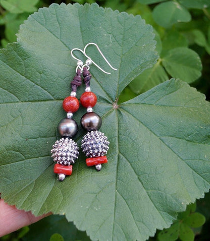 Boucles d'oreilles avec Perles de Tahiti,  perles de corail argent 925 - Dalia
