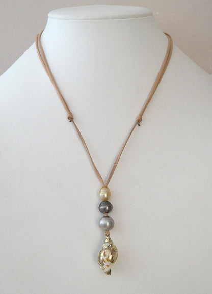 Collier coquillage et son trio de perles de Tahiti et Australienne - Blanca