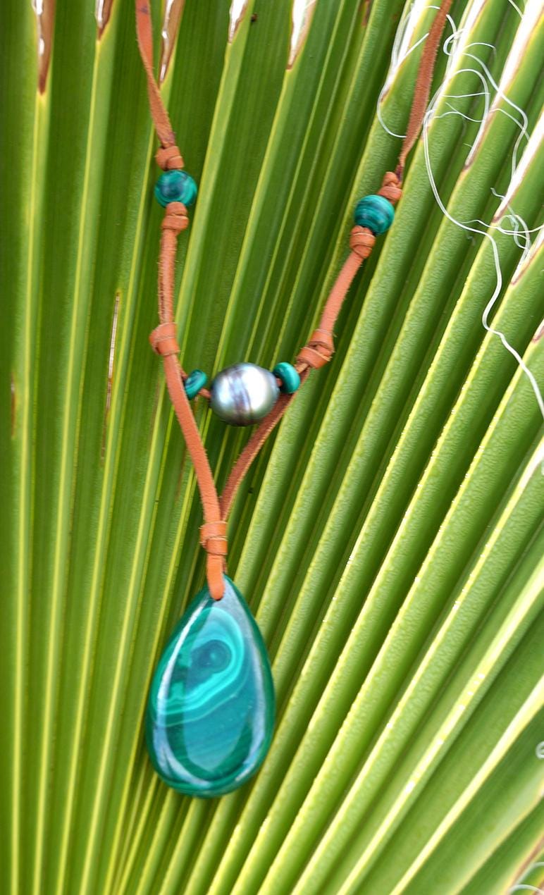 Collier pendentif malachite et perle de Tahiti - Iona