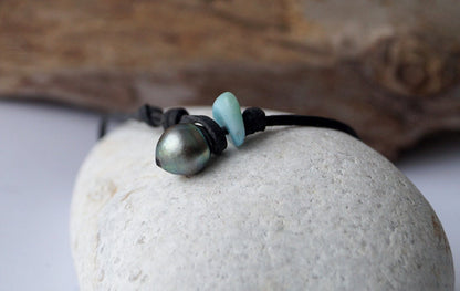 Bracelet de cheville perle de Tahiti et larimar - Kira
