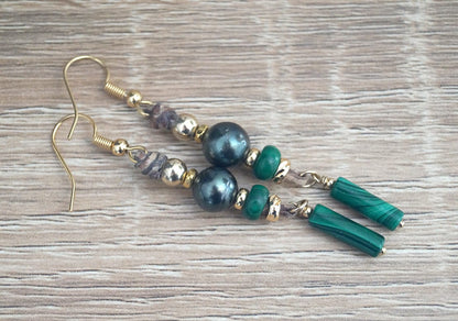 Boucles d'oreilles en Perles de Tahiti, perles malachite, plaqué or 18k - Lumea