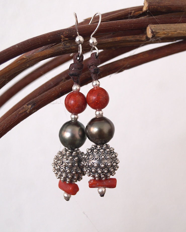 Boucles d'oreilles avec Perles de Tahiti,  perles de corail argent 925 - Dalia