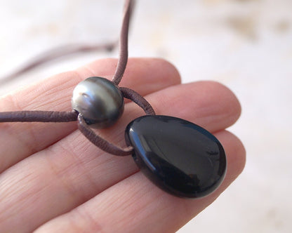 Pendentif obsidienne perle de Tahiti, collier homme, ajustable - Grio