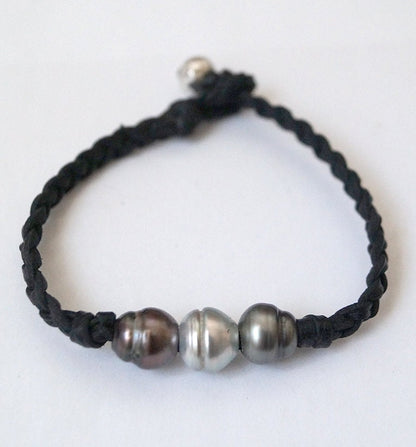 Bracelet 3 Perles de Tahiti et cuir tressé Lior