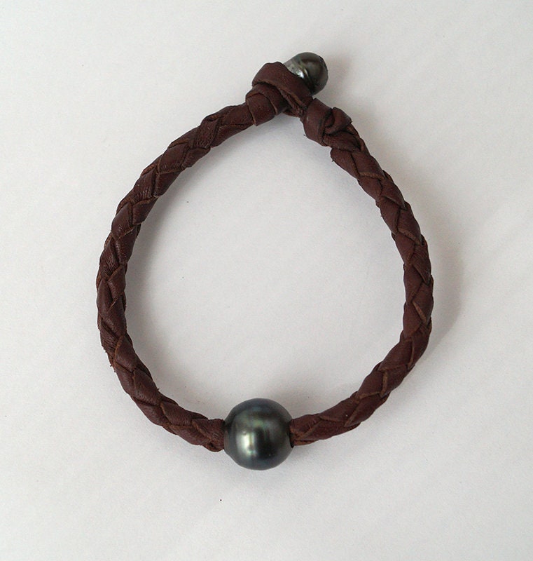 Tahitian Pearl Bracelet - Round Braided Leather - Nate