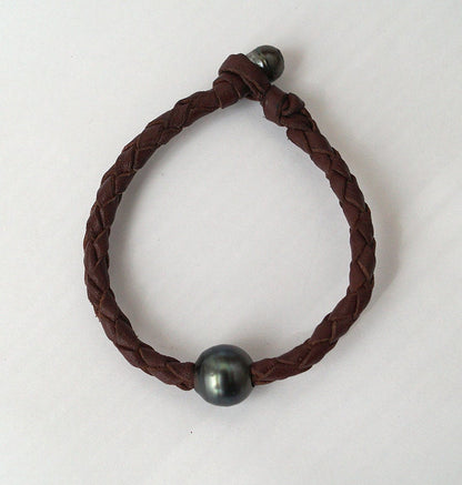 Tahitian Pearl Bracelet - Round Braided Leather - Nate