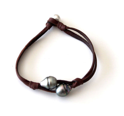 Bracelet cuir double et duo de perles de Tahiti - Kenny