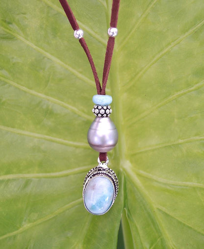 Collier Perle de Tahiti et pendentif Larimar et argent 925, cuir collier coulissant - Nola