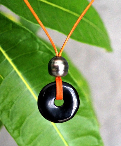 Collier pendentif pierre obsidienne et perle de Tahiti - Teddy