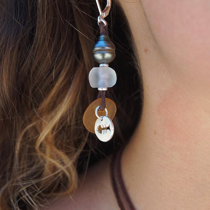 perle tahiti verre mer argent boucle oreille