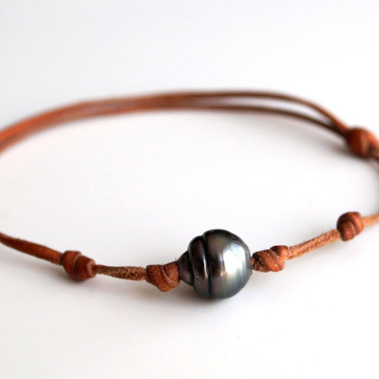 bracelet cheville cuir et perle