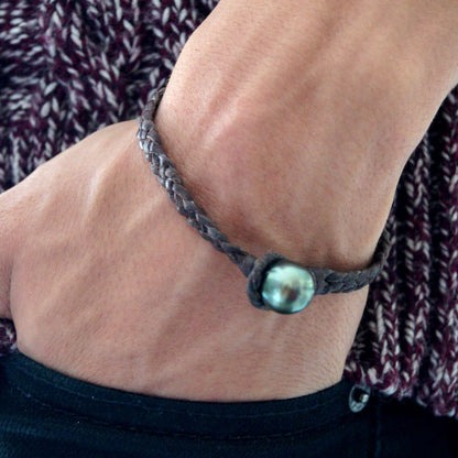 bracelet perle tahiti cuir tresse