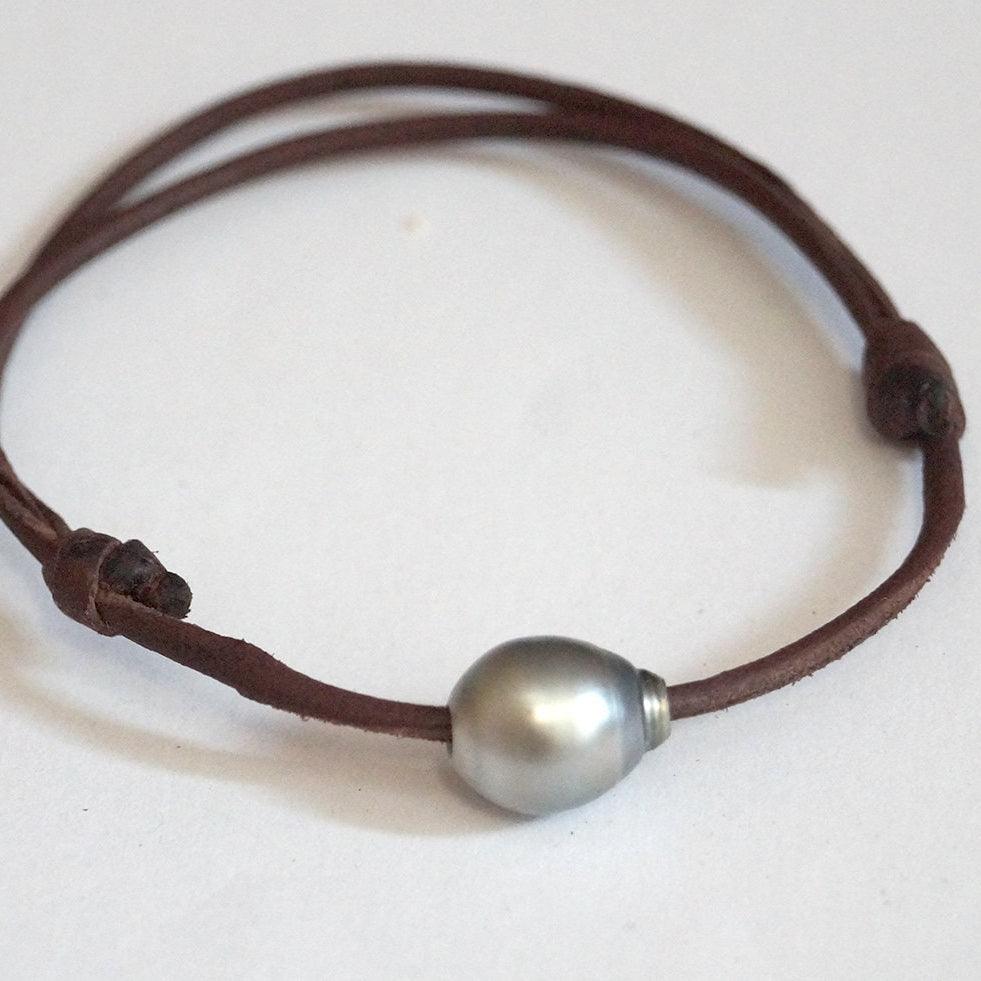 bracelet cuir et perle tahiti